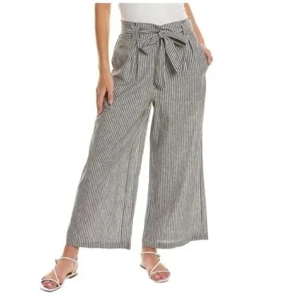 NEW SOUNDSTYLE Women's L Olive Green White Stripe Wide Leg Linen Blend Pants